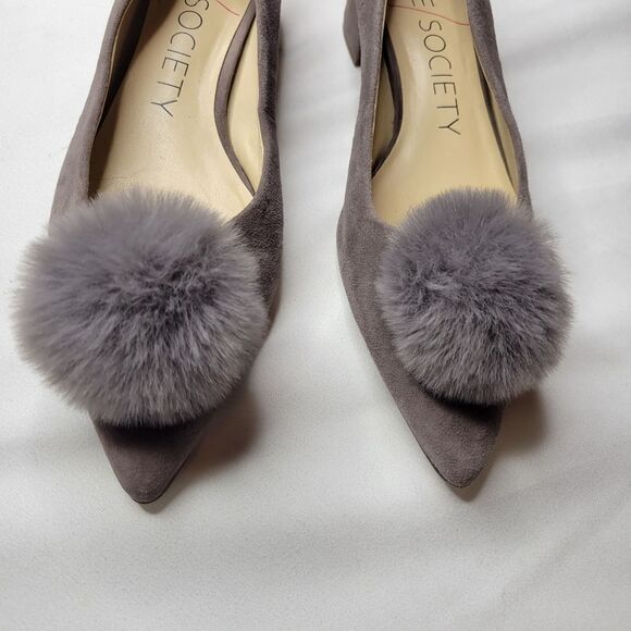 7 SOLE SOCIETY suede pom pointed leather block heel pointy flats w/ faux fur - Picture 2 of 14